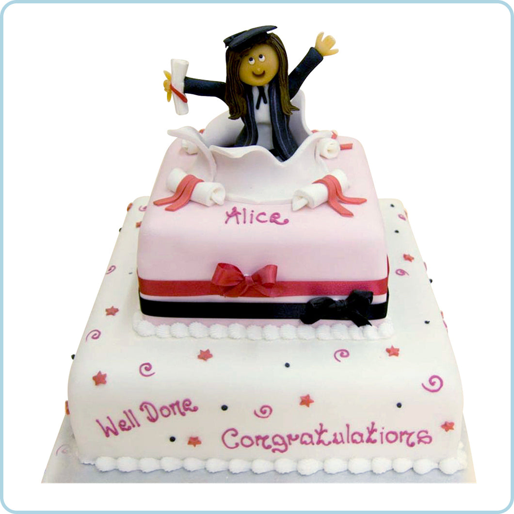 Graduate popping out of cake - 2 tiers